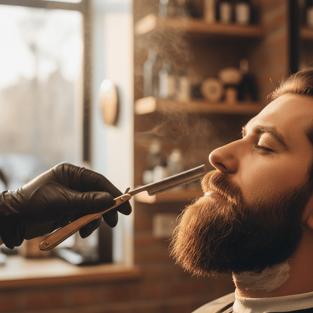 Professional beard trim with straight razor at barbershop