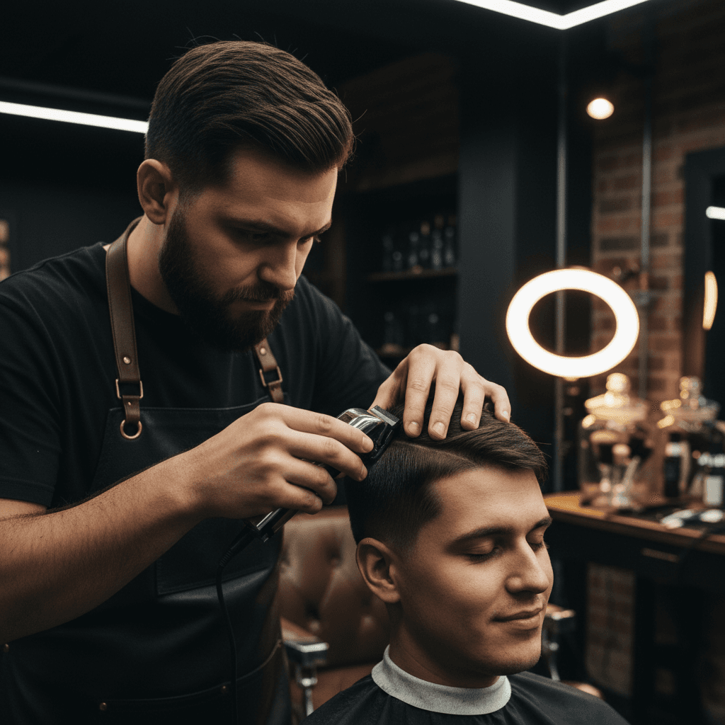 Barber creating sharp, detailed line work for a shape-up