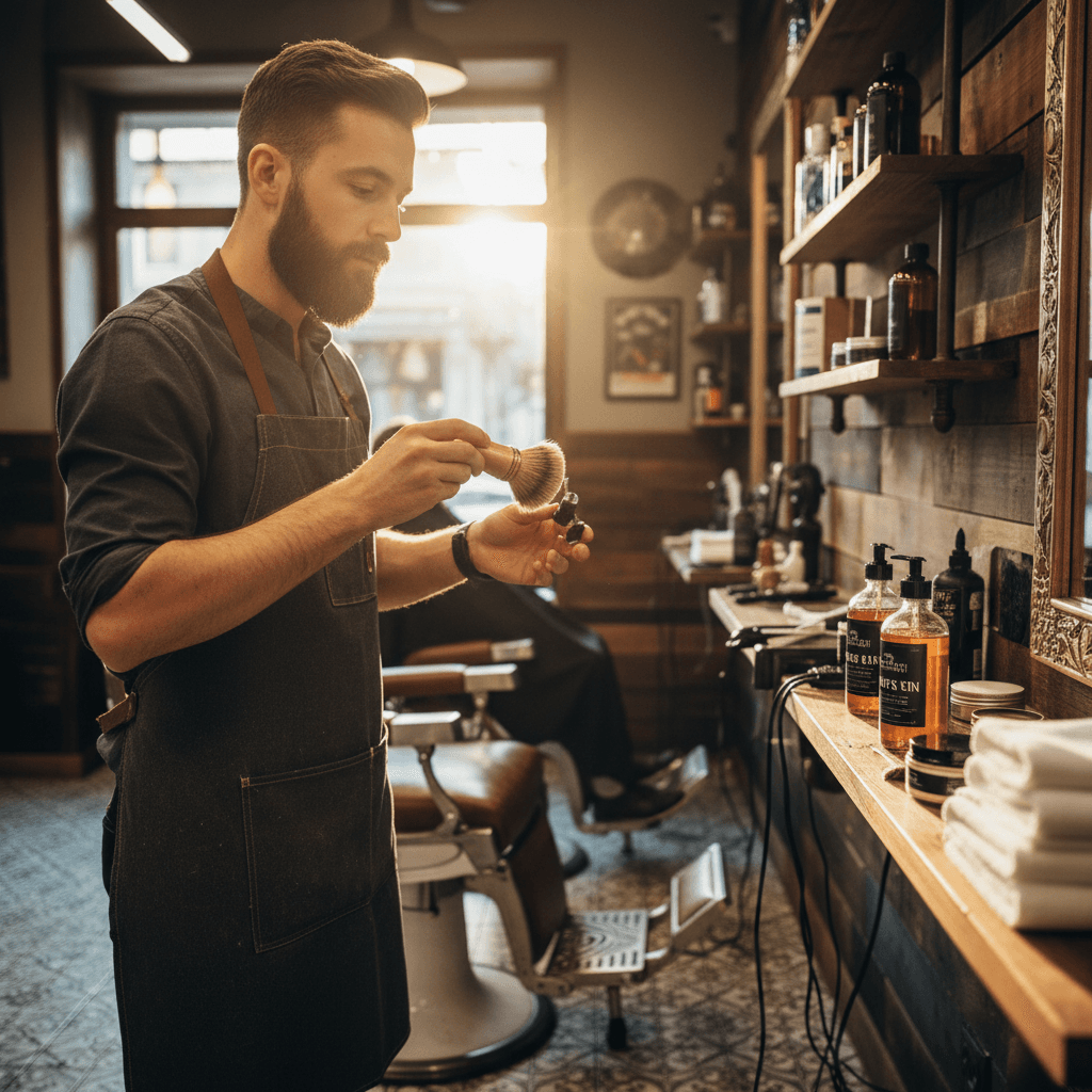 Barber applying finish to a professionally trimmed beard