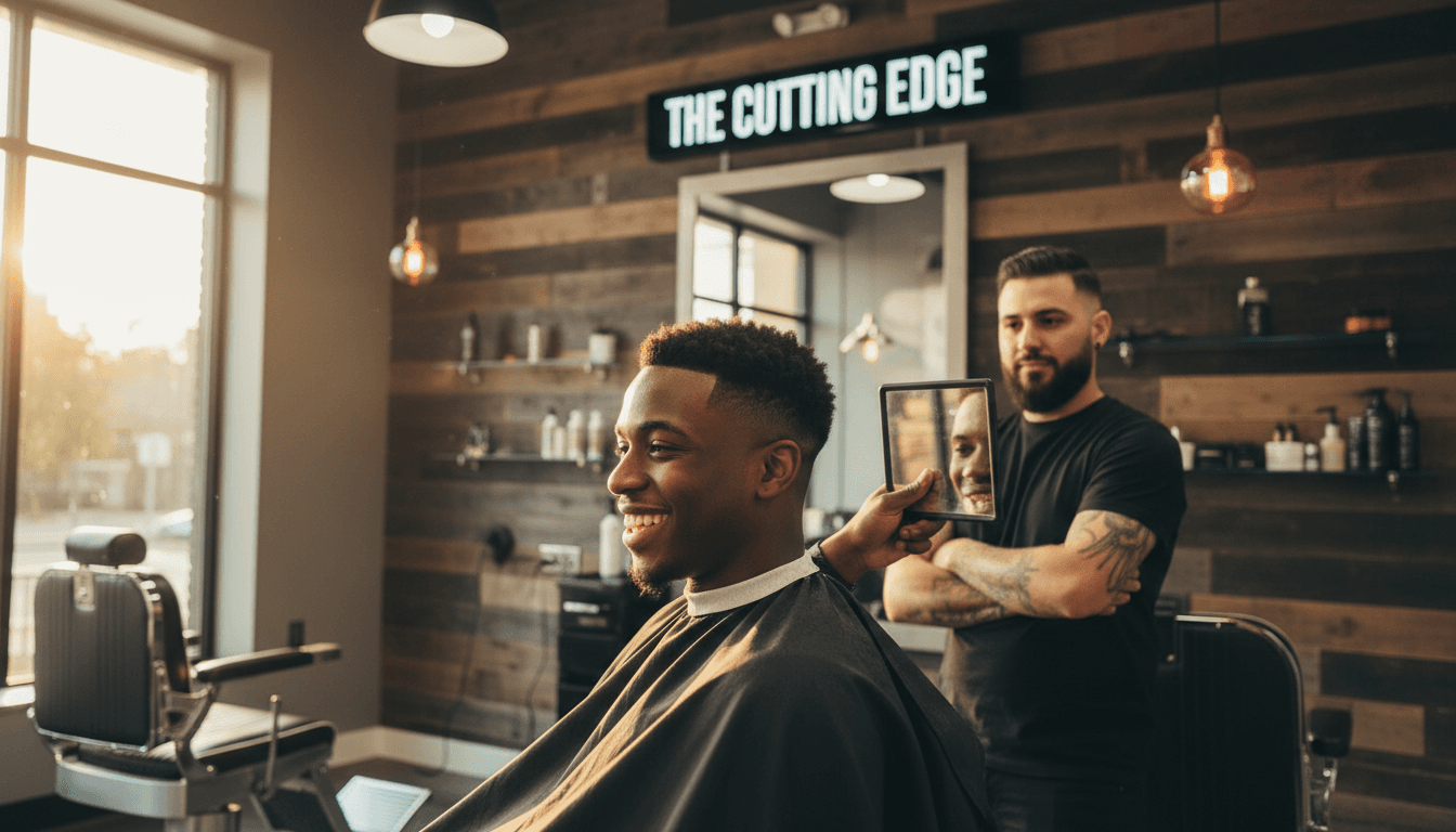 Client admiring his fresh cut in the mirror