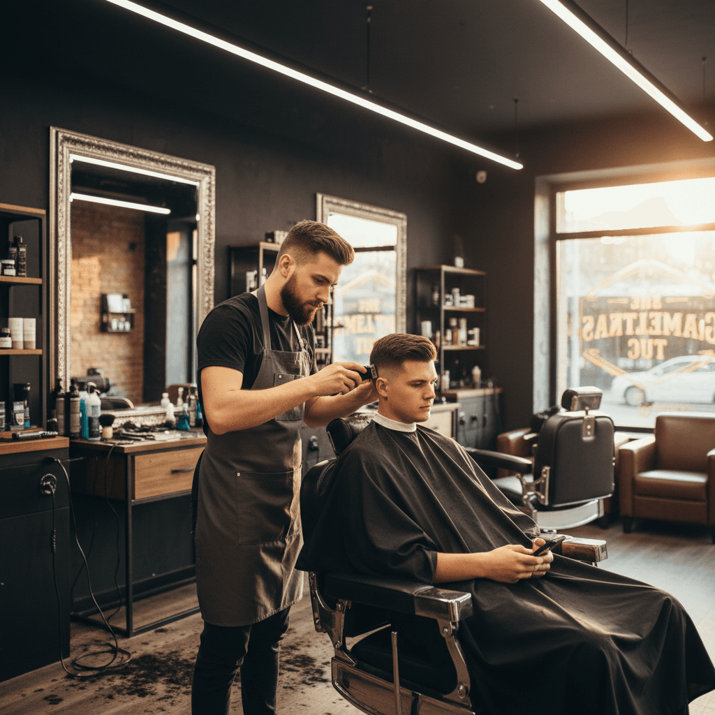 Barber performing a precision haircut at Newark Master Fade