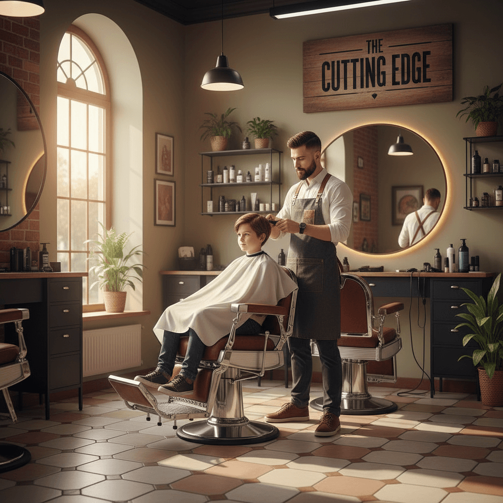 Barber performing a haircut on a young child