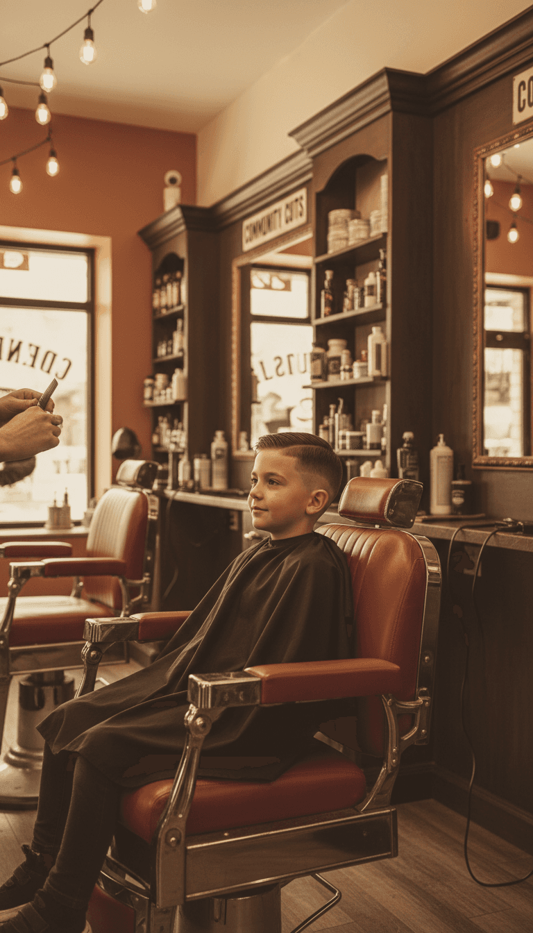 Barber performing professional kids haircut