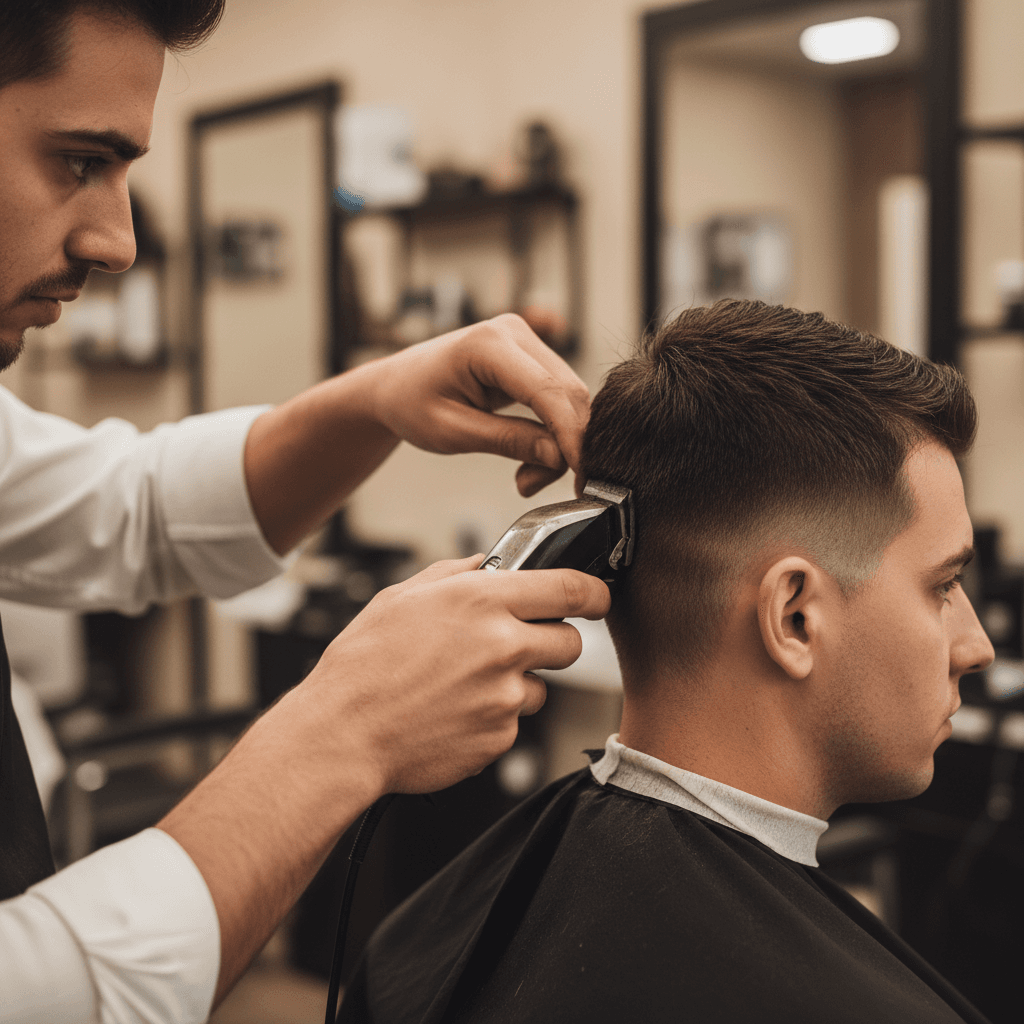 Barber working on a precision fade with clippers