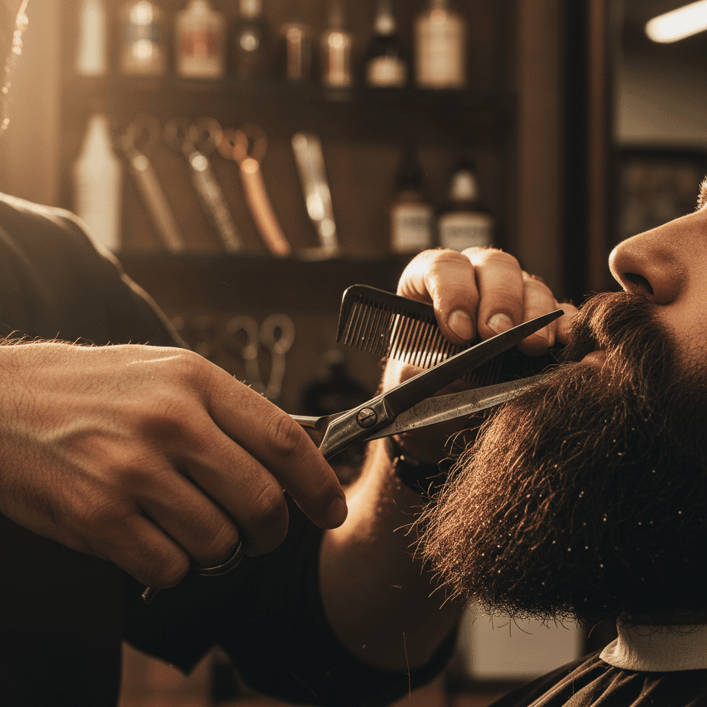 Barber performing detailed beard trim with scissors