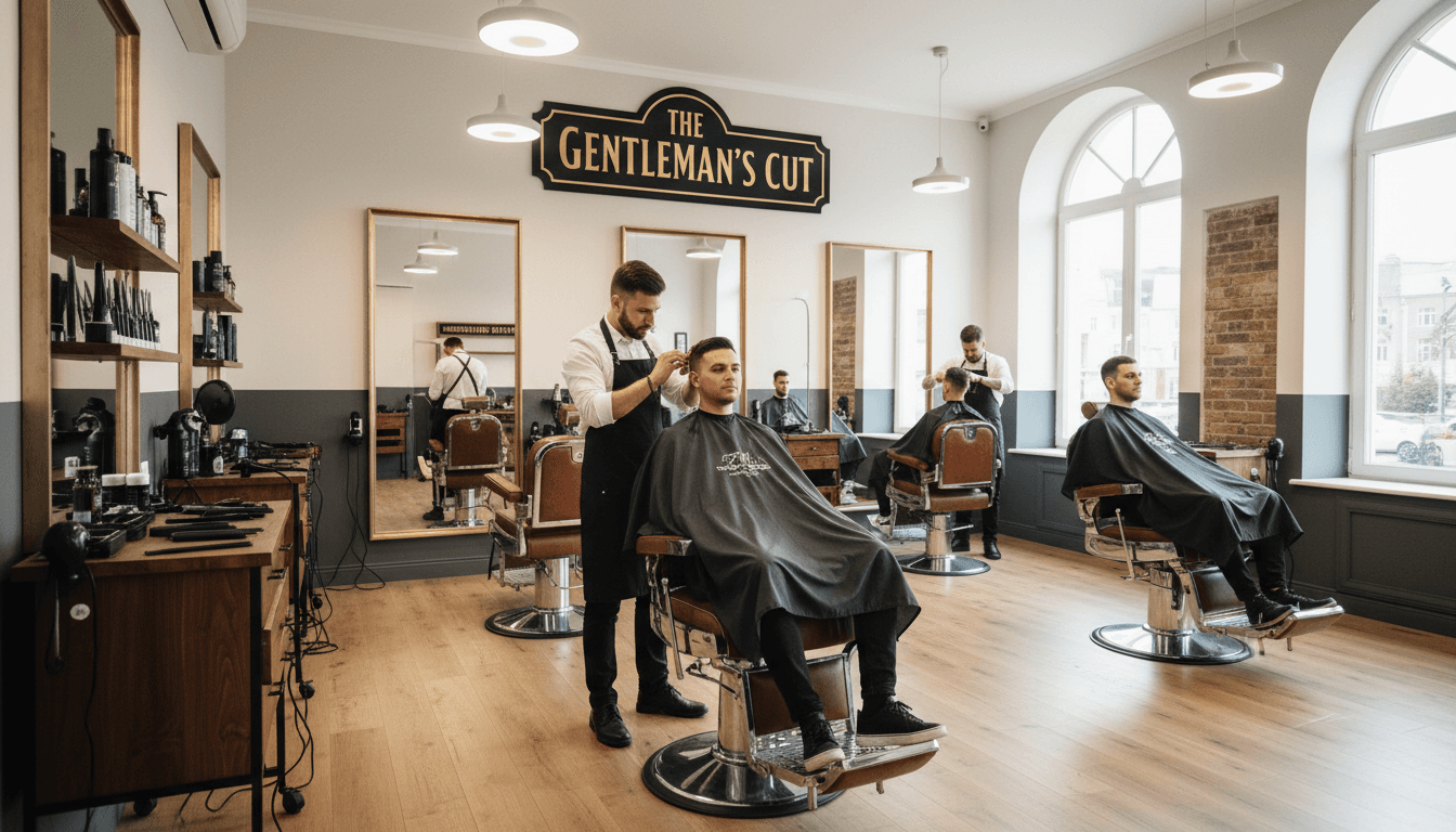 Barber providing service to satisfied client in barbershop chair