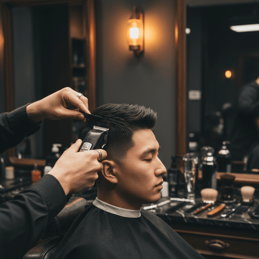 Barber performing a precision haircut