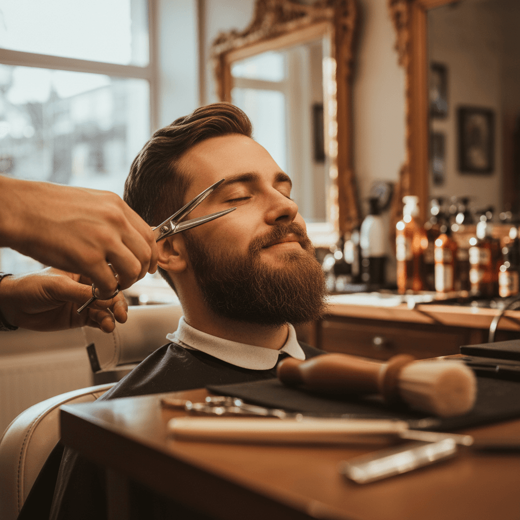 Barber performing professional beard trim