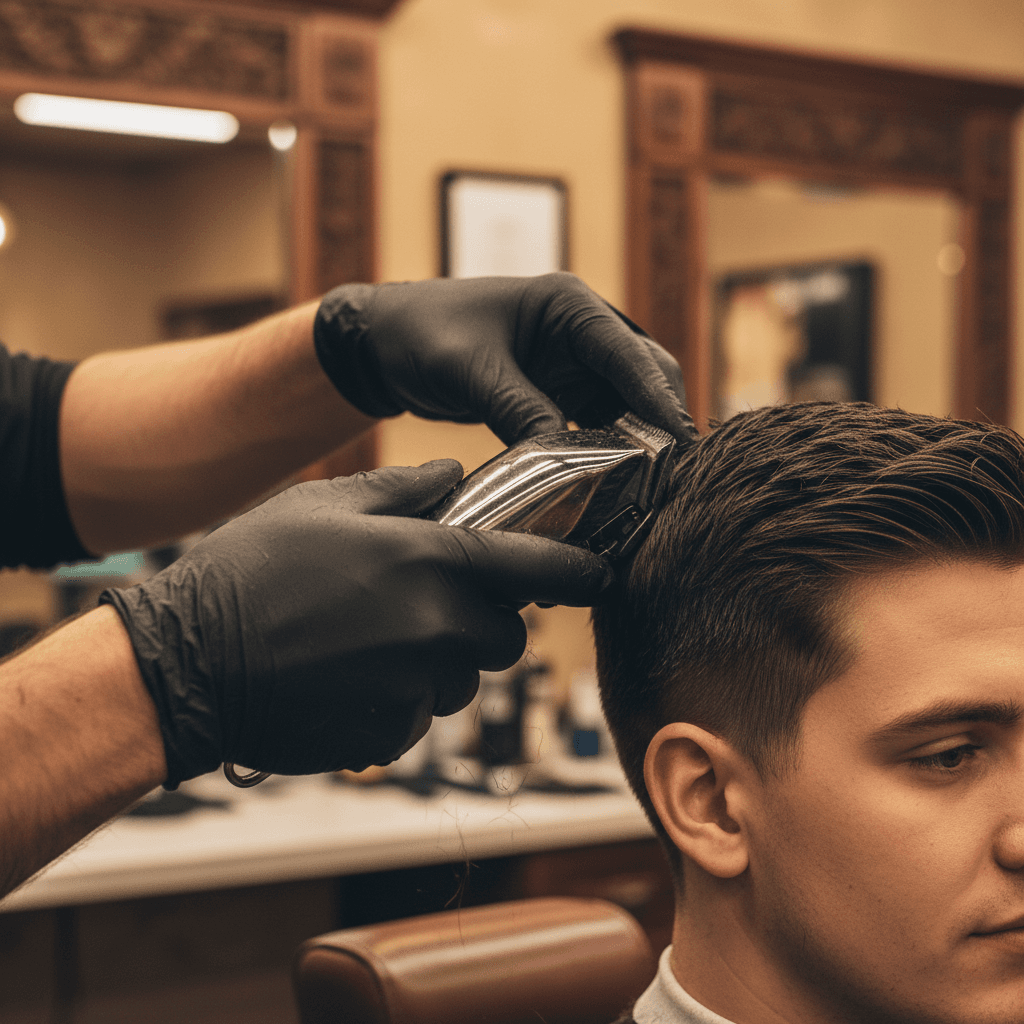 Barber creating a precise fade with clippers